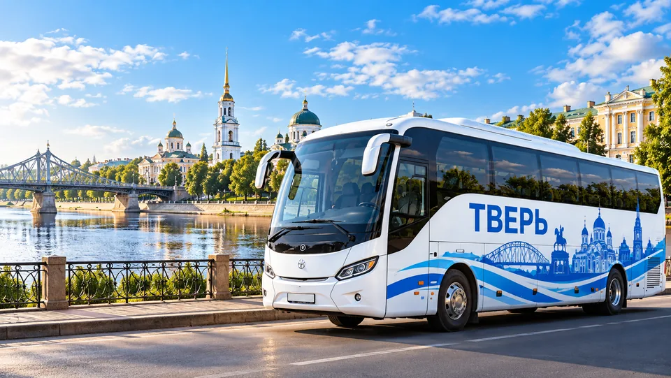 Брендированный автобус Тверь на фоне города Тверь